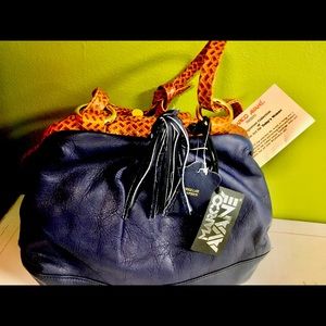 Marco Avane Genuine Leather Bag-Navy and Brown Trim.